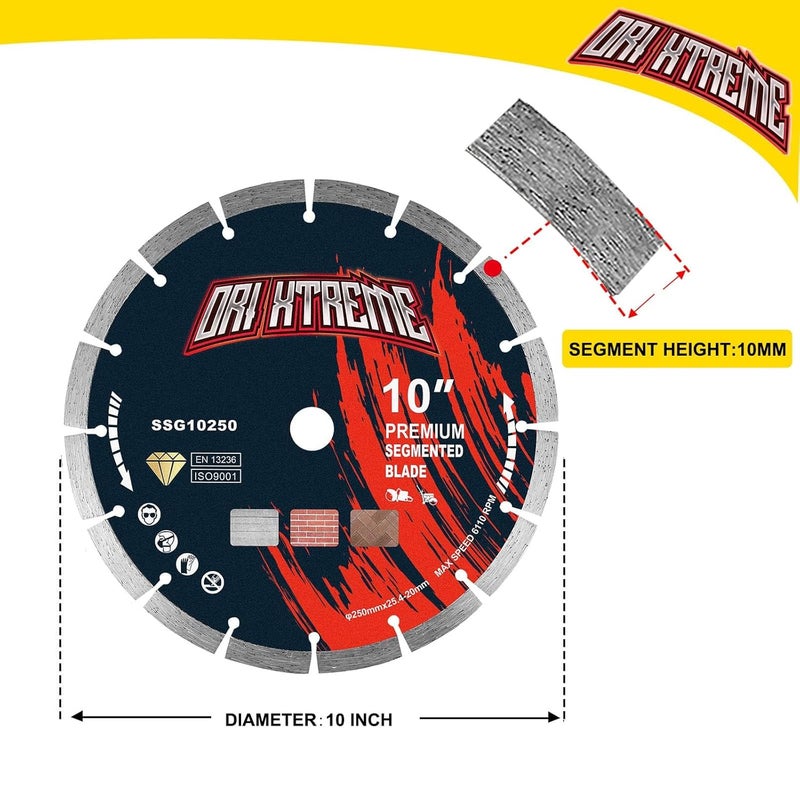 ORIXTREME 10 Inch Diamond Saw Blade 2Pcs, Segmented General Purpose Blade Dry/Wet Cutting Concrete, Masonry, Brick, Block,7/8"-5/8” Arbor - Image 2